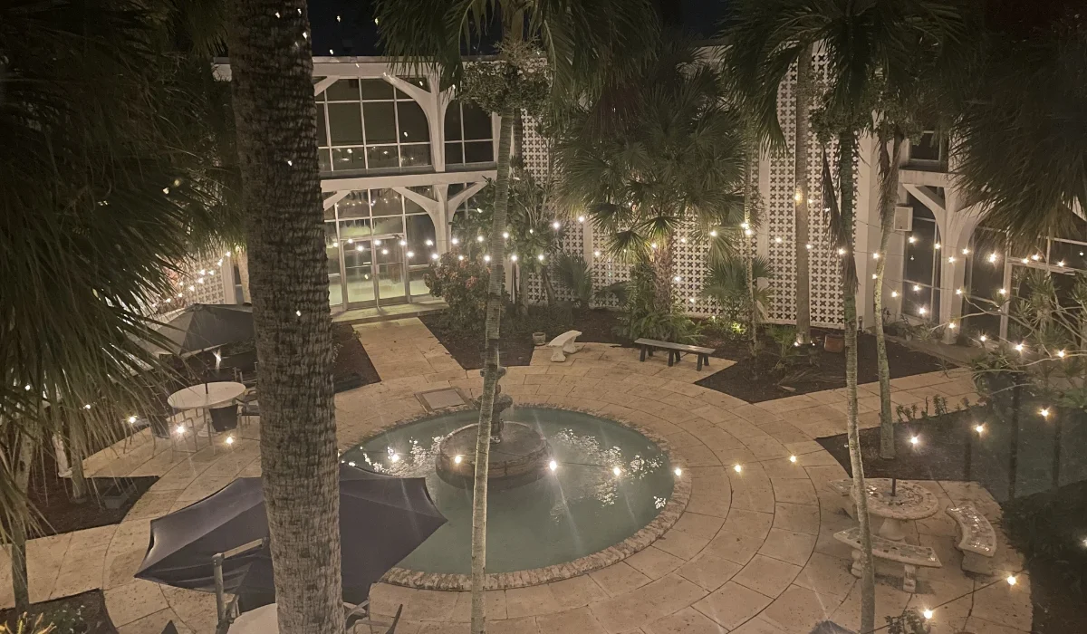 fountain in courtyard at night