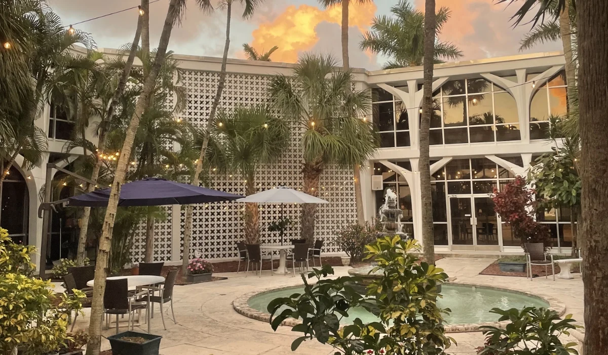 fountain in courtyard at dusk